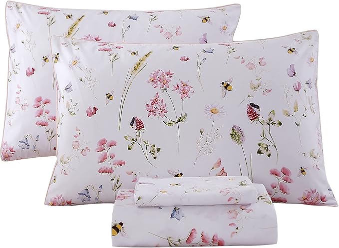RYNGHIPY Shabby Floral Bees Print Bedding Sheets with Pillowcases, Breathable Egyptian Cotton Bed Sheet Set (Bee,King Size)