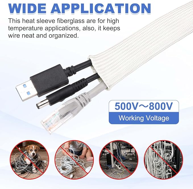 uxcell Insulation Cable Protector,7mm/0.28 Inch-15m/49 Feet High Temp Fiberglass Sleeve White
