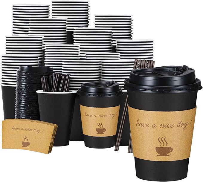 Lamosi 12 oz Coffee Cups with Lids 100 Pack, 12 oz Disposable Coffee Cup with Stir Sticks and Sleeves, To Go Hot Paper Cup for Home, Travel, Office