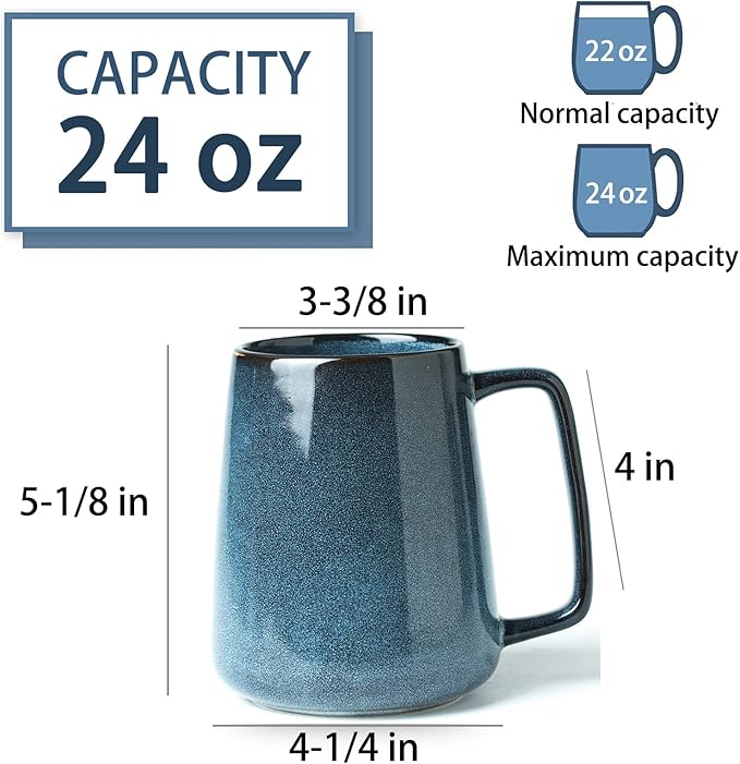 HYTYSKAR Large Ceramics Coffee Mugs, 24 OZ Large Handle Coffee Mugs, Extra Large Tea and Coffee Cup for Office and Home, Microwave and Dishwasher Safe (24 OZ Blue)
