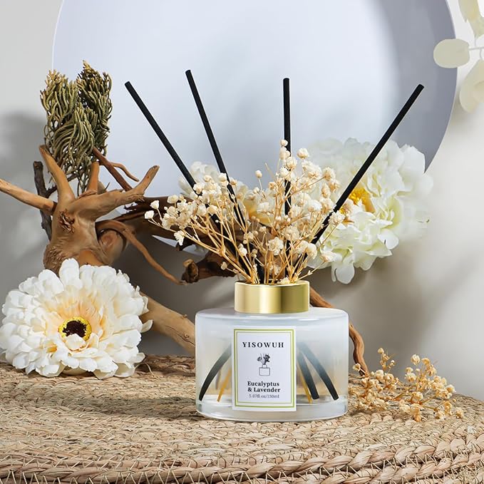 YISOWUH Reed Diffuser Set,5.07 fl oz (150 ml) - Eucalyptus & Lavender Oil Diffusers with 8 Reed Sticks,Home Fragrance Reed Diffuser for Bathroom Shelf Decor