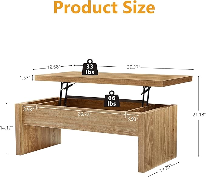 Small Lift Top Coffee Table, Wood Rectangle Coffee Table with Lifting Top and Hidden Storage Compartment, Mid Century Modern Center Tables for Small Space, Living Room, Office (Natural)