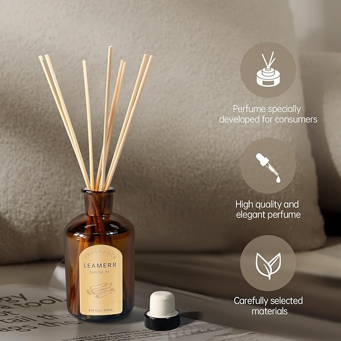LEAMERR Premium Reed Diffuser Set - 8.8 oz (250 ml) Bedroom Bathroom Living Room Home Fragrance Products SANTAL33 Scent 1 Pack