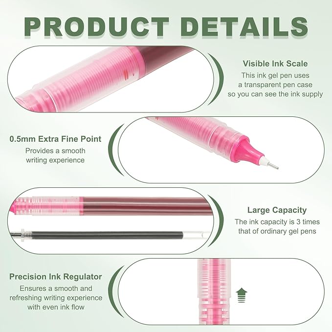 PATIKIL 6Pcs Colored Gel Ink Pens, 0.5mm Extra Fine Point Smooth Writing Japanese Quick Drying Liquid Ink Rollerball Pens for Office Stationery Classroom Teachers, Pink