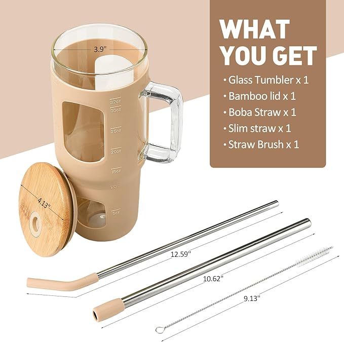 Glass Tumbler with Lid, 32 oz Glass Cup with Handle, Glass Water Bottles with Time Marker, 2 Straws - Pearl Straw & Silicone Protective Sleeve - Amber