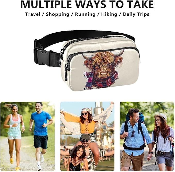 Scottish Highland Cow with Plaid Scarf Fanny Pack for Women Men Water Resistant Fashion Waist Packs with Adjustable Strap Belt Bag for Travel Workout Jogging Hiking 21218522