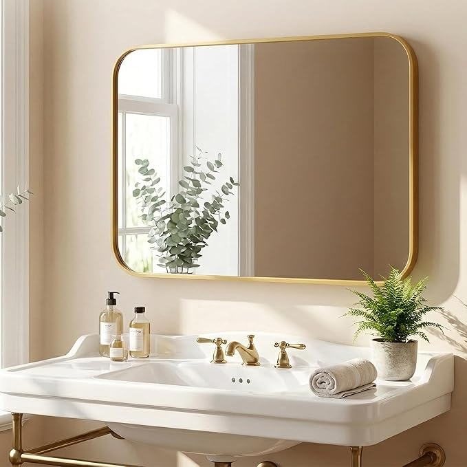 30x36 Inch Antique Gold Bathroom Vanity Mirrors | Flush Mount Deep Set Metal Wall Mirror for Over Sink | HD Shatterproof Glass, Rustproof | 1 Pack