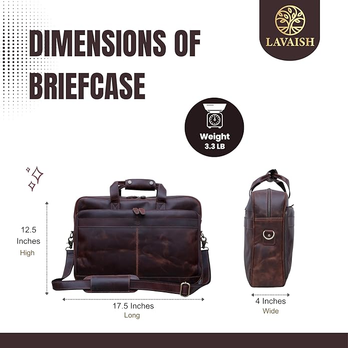 LAVAISH Handmade Full-Grain Leather Briefcase for Men & Women–17" Laptop Bag with Computer Compartment Office Satchel Bag
