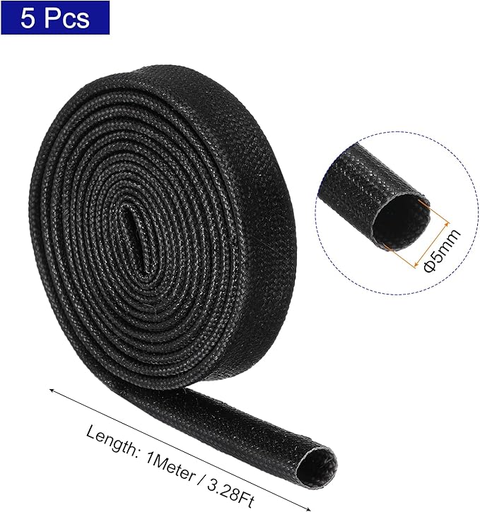 MECCANIXITY 5Pcs Wire Insulation Braid Fire Sleeve,3.28Ft-5mm ID Black, High Temp Silicone Coated Fiberglass Sleeving for Automotive Hose Lines Electrical Wiring