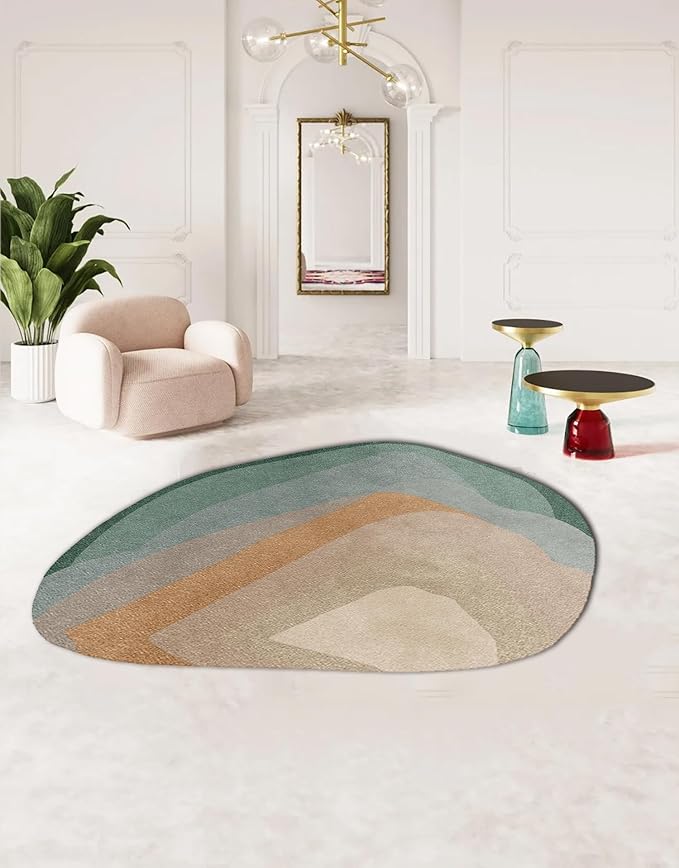 Boho Irregular Area Rug Green Grey Brown Modern Abstract Organic Shaped Unique Designer Rug for Bedroom Nursery Living Room Washable Large Rugs Funky Playroom Classroom Non Shedding Thick Carpet 7x10