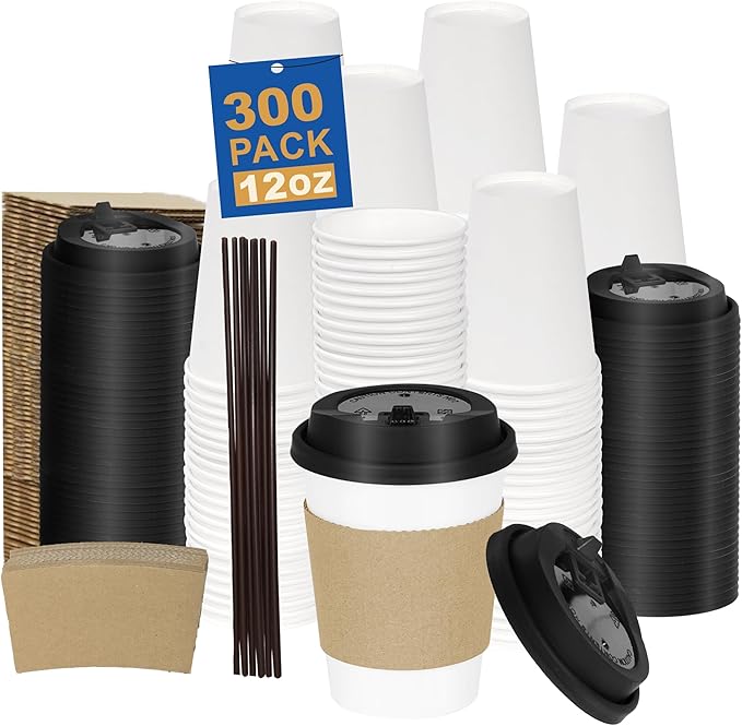 Coolcap 12 oz 300 Pack Coffee Cups with Lids and Sleeves, Straws, Hot Disposable To Go Travel Paper Cups Bulk for Office, Home Coffee Bar Accessories, Chocolate, Cocoa, Beverage (White)