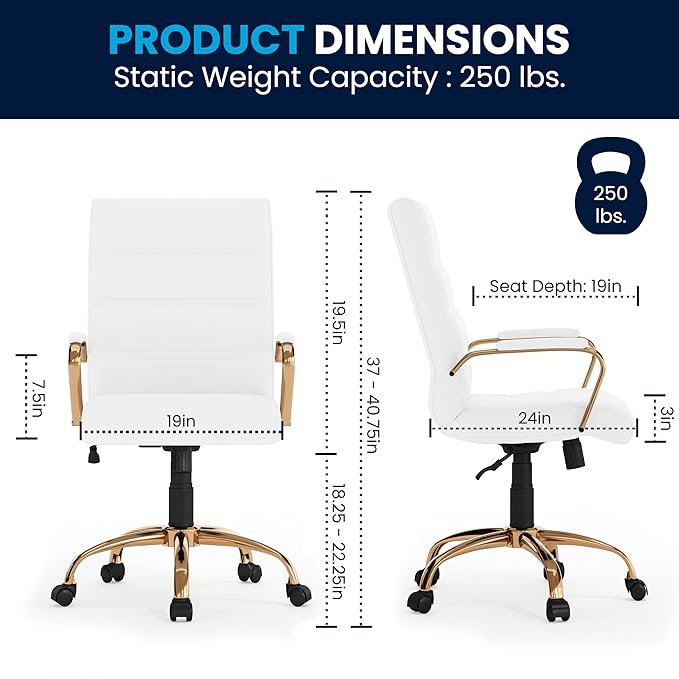 Flash Furniture Whitney Mid-Back Swivel LeatherSoft Desk Chair with Padded Seat and Armrests, Adjustable Height Padded Office Chair, White/Gold