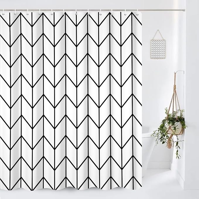 Boho Herringbone Shower Curtains Black White Zig Zag Geometric Bathroom Curtain Minimalist Abstract Polyester Shower Curtain Sets for Bathroom Extra Long 69x70 in with 12 Hooks