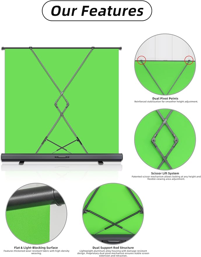 78.7 x 82.7in Large Collapsible Green Screen Backdrop,Portable Retractable Photo Background Chroma Key Panel with Stand Photography Backdrops for Video Conference,Photographic Studio,TikTok