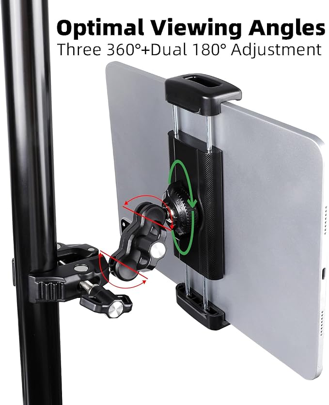 FPN Tablet Holder for Microphone Stand/Treadmill/Spin Bike/Stroller/Golf Cart/Handlebar/Stationary Bike, Phone iPad Holder Mount for iPad Pro 12.9, Galaxy Tabs, iPhone(4.7-13”)