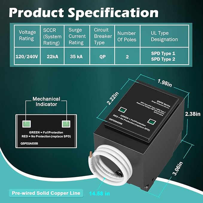 Replacement for Siemens QSPD2A035B 1-Phase 3-Wire Surge Protection Device, 120/240 VAC, 35 kA SCCR, 2 Poles