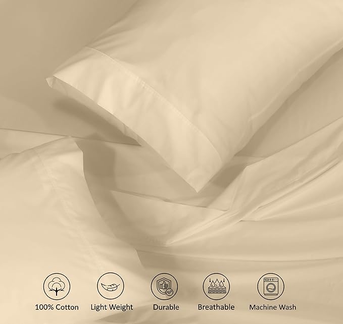RUVANTI 100% Cotton Full Size Bed Sheets, 4 Pieces, Soft & Breathable Percale Weave Bedding, Deep Pocket 16", Hotel Standard, Crisp Cool Feel, Durable, Perfect Sheet Set Dyed, Beige
