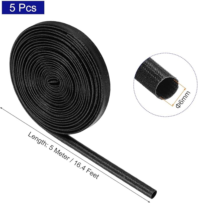 MECCANIXITY 5Pcs Wire Insulation Braid Fire Sleeve,16.4Ft-6mm ID Black, High Temp Silicone Coated Fiberglass Sleeving for Automotive Hose Lines Electrical Wiring