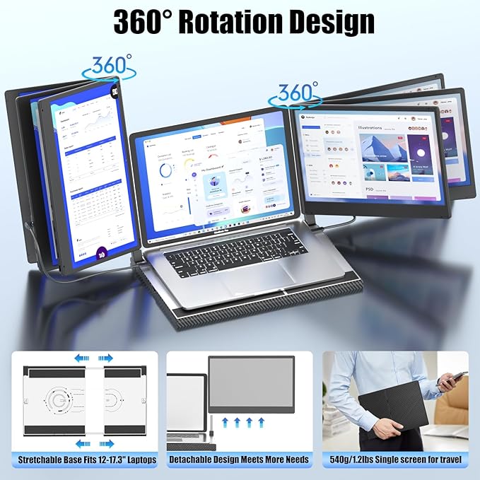 KEFEYA 14'' Triple Laptop Monitor Extender with Metal Base, 360° Rotation 1080P Portable Laptop Screen Extender for 12-17.3'' Laptops-Compatibility for Windows, Surface, MacBook, Switch, Plug & Play