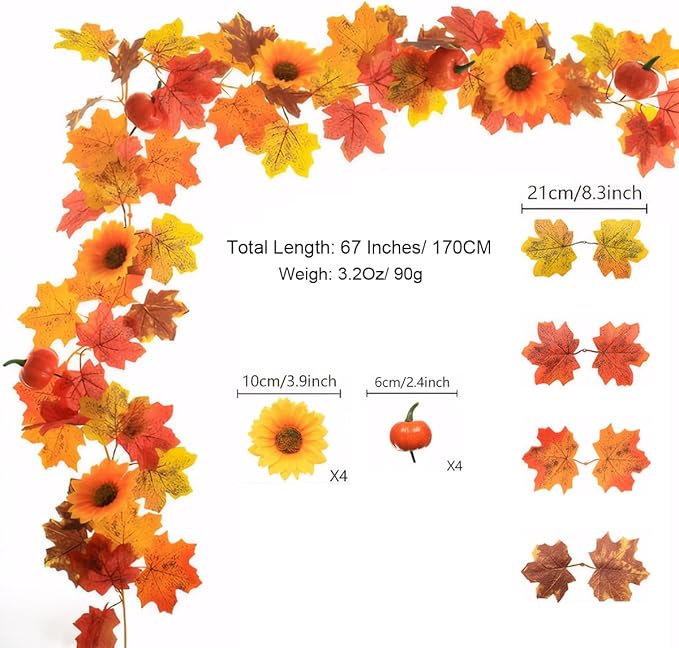 3 Pack Fall Garland for Mantle - 5.6Ft Artificial Maple Vine with Pumpkins & Sunflowers, Autumn Fall Decor for Fireplace Thanksgiving Halloween Wedding Farmhouse Indoor Outdoor Porch Decoration