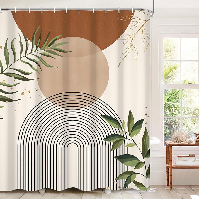 Boho Mid Century Shower Curtain, Brown Modern Minimalist Abstract Geometric Green Gold Plant Leaves Sun Arch Bathroom Curtains Waterproof Fabric Buthtub Curtain Set with Hooks 60" Wx72 L