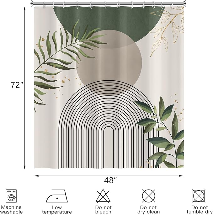 Boho Mid Century Shower Curtain, Green Modern Minimalist Abstract Geometric Gold Plant Leaves Sun Arch Bathroom Curtains Waterproof Fabric Buthtub Curtain Set with Hooks 48" Wx72 L