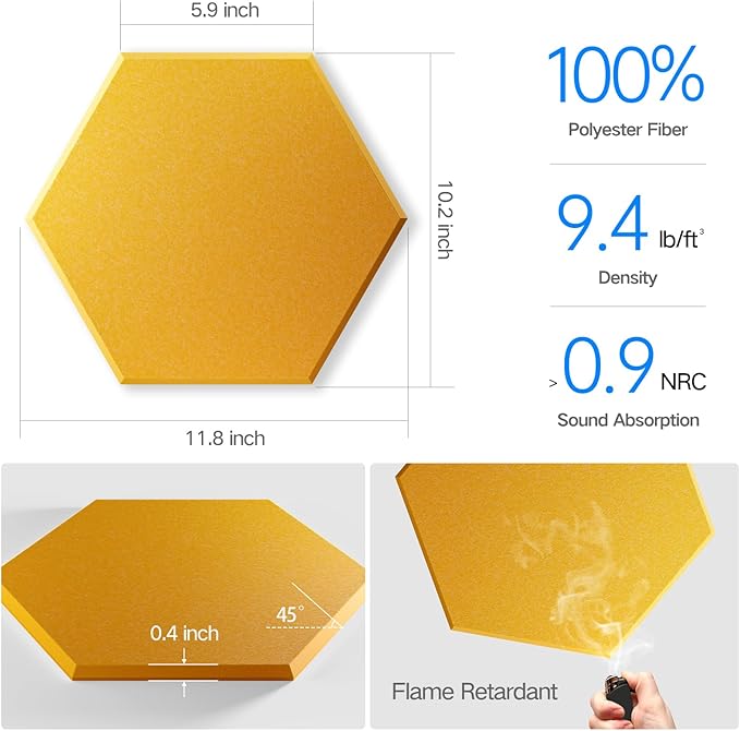 16 Pack Self-adhesive Acoustic Panels 12" X 10" X 0.4" -Sound Proof Foam Panels for wall with High Density, Hexagon Design, Flame Resistant, Absorb Noise and Eliminate Echoe(Orange Yellow)