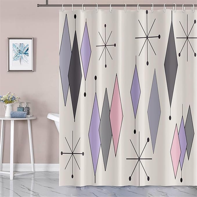 Boho Mid Century Shower Curtain Abstract Purple Grey Pink Diamond Geometric Atomic Starburst Pattern Beige for 1950s Retro Bathroom Decor Shower Curtain Set with 12 Hooks, 69x70 Inches