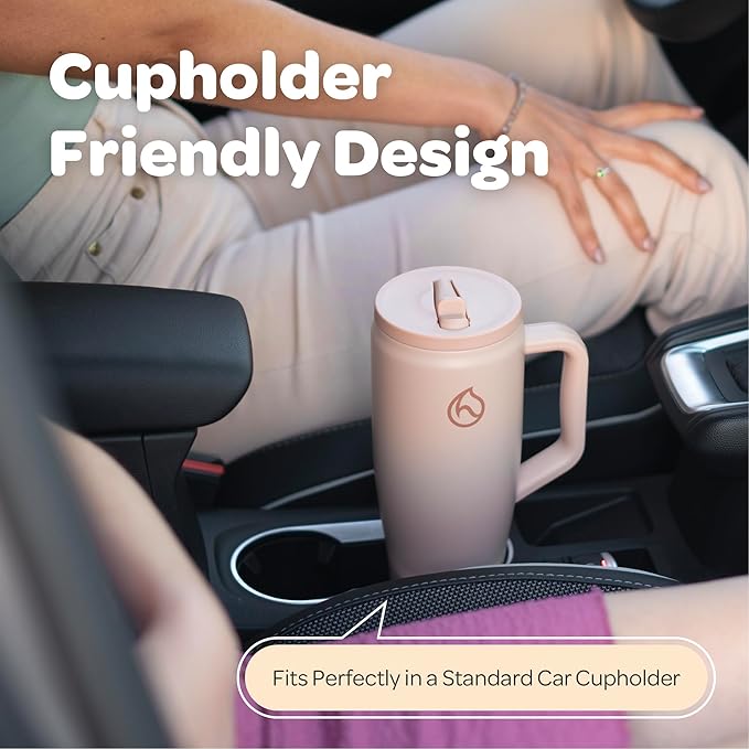 Hydracy Soulmate 40 oz Tumbler with Handle and Flip Straw - 100% Leakproof Reusable Insulated Cup with Stainless Steel Straw - Cupholder Friendly Rubber Base Travel Mug - Cafe Creme