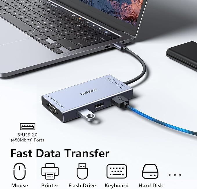 USB C Docking Station Dual HDMI Monitor Adapter, Melelink USB C Hub 3 Monitors Adapter with 2x HDMI 4K,Displayport,VGA,100W PD Charging,3 USB2.0, 8 in 1 Laptop Docking Station for Dell, HP, Lenovo,etc