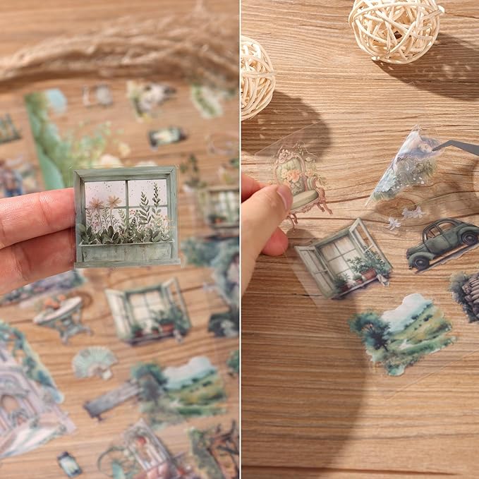 Auguro PET 20 Sheets 120 Pre-Cut Spring Journal Sticker Book for Scrapbooking People Landscape Stickers Transparent Sticker for journaling