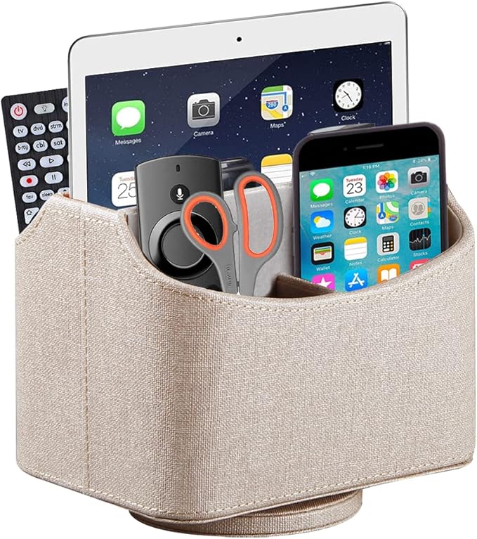 Arniche PU Leather Remote Control Holder,360 Degree Spinning Desk TV Remote Caddy,Desk Organizers and Accessories,for Controller,Media,Mail,Calculator,Mobile Phone,Pen Storage Holder(Beige)