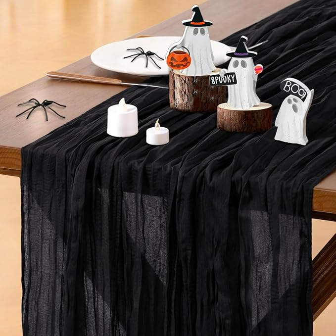 Socomi 6pcs Black Fall Thanksgiving Cheesecloth Table Runner Boho Rustic Gauze 120 inch 10FT Cheese Cloth Runner for Wedding Party Baby Shower Birthday Home Decor Holiday Decorations