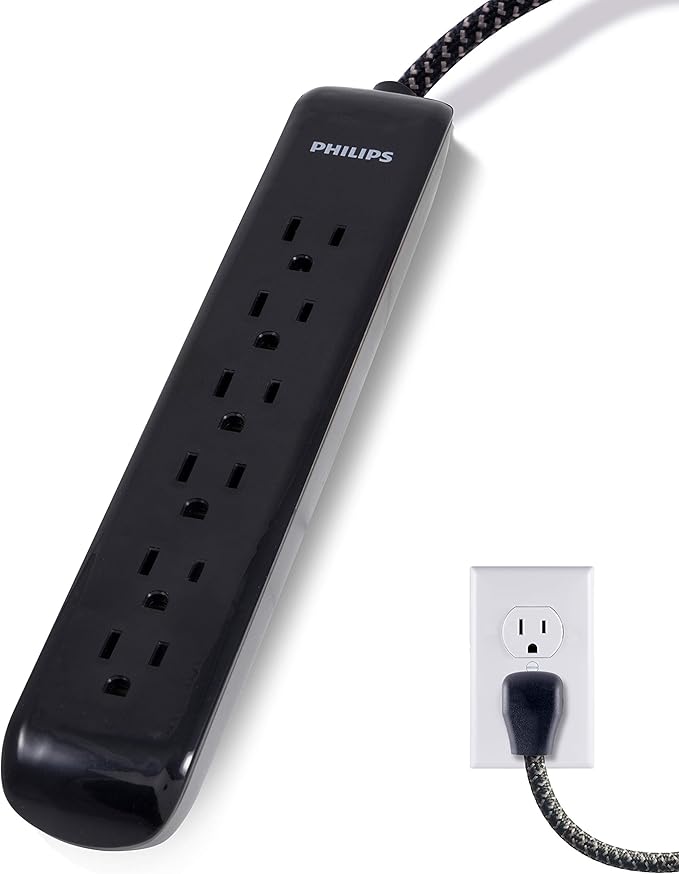 Philips 6 Outlet Surge Protector Power Strip, Designer Braided Power Cord, 10 Ft, Flat Plug Extension Cord, Perfect for Office or Home Décor, 1080 Joules, ETL Listed, Black, SPC3064BG/37 (Pack of 6)