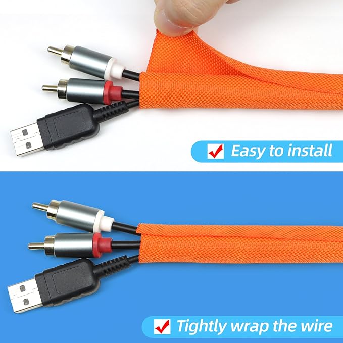 Automotive Wire Loom Tubing, Split Braided Cord Protectors from Pets No Chew, Flexible Cable Sleeve Cable Management for TV/Computer/Electric Wires (Orange, 3/8"-25ft)