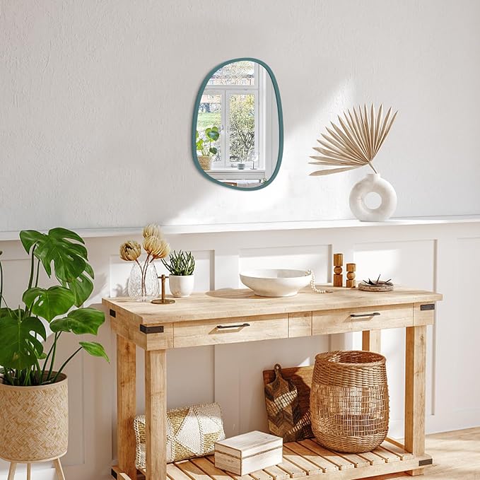 Small Blue Wall Mirror Asymmetrical Irregular Wood Frame Mirror Unique Modern Wall-Mounted Artistic Oval Shape Mirror Decor for Bedroom Living Room Bathroom Entryway Hallway Vanity