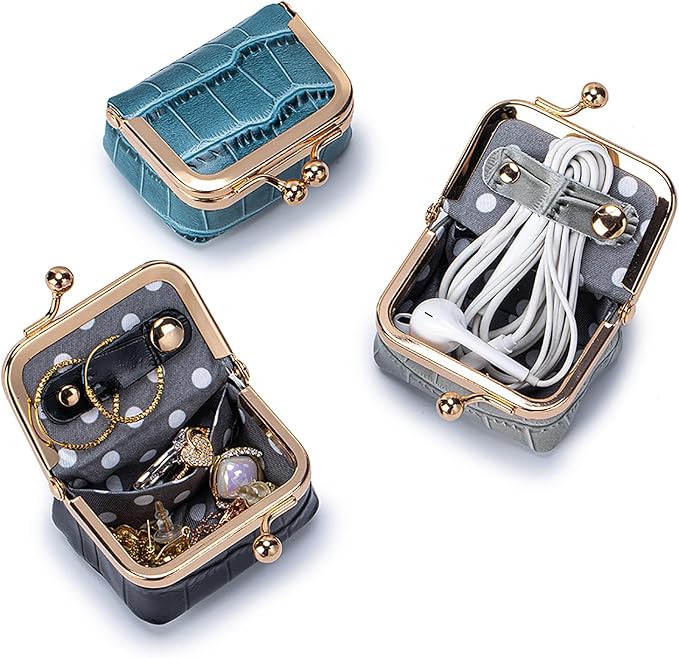Genuine Leather Mini Jewelry Box & Coin Purse for Women, Travel Jewelry Case with Kiss Lock, Holds Earrings, Rings, Necklace, Bracelet, Coins (Black Crocdile Pattern)