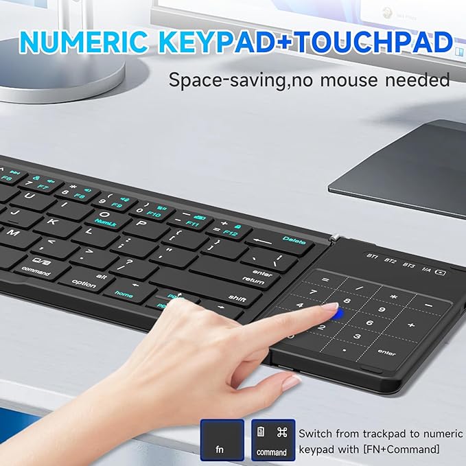 Hllhunkhe Foldable Bluetooth Keyboard with Touchpad, Portable Full Size Keys, Number Pad, Large Trackpad Travel Keyboards for iPad Laptop PC Tablets -Black