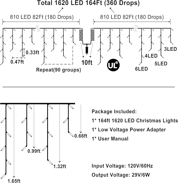 1620 LED Christmas Outdoor Lights with 360 Drops, 164ft Hanging Curtain Lights with 8 Modes Timer & Memory, Waterproof Christmas Fairy Lighs for House Roof Holiday Yard Wedding Decor (Warm White)