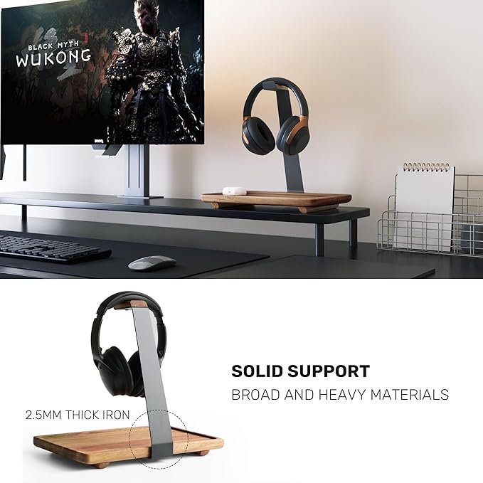 WILDMOS Headphone Stand for Desk,Acacia Wood Tray with Headphone Holder,Gaming Headset Stand,Desk Accessories for Desktop Storage