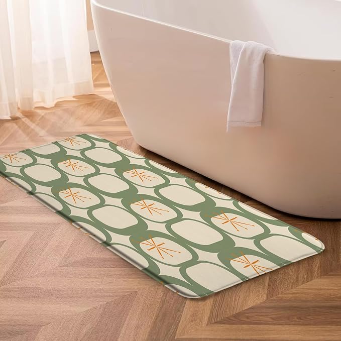 Mid Century Modern Bath Mat Abstract Atomic Geometric Retro 1950s Sage Green Bathroom Kitchen Toilet Rugs,24x48 Inch