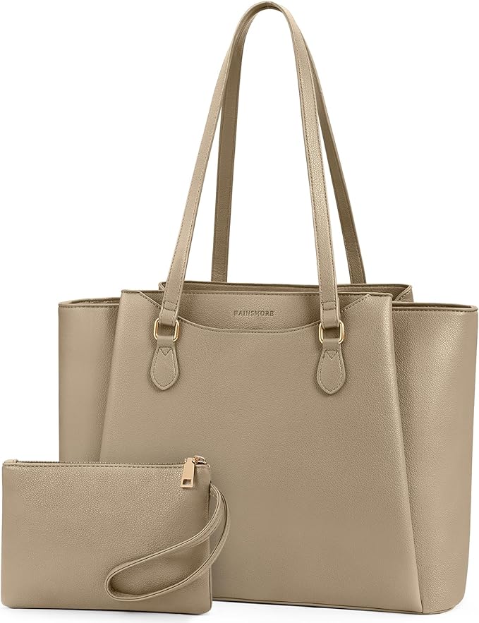 RAINSMORE Laptop Bag for Women 15.6 Inch Work Tote Bags Waterproof Computer Bags Leather Professional Laptop Purse Womens Laptop Briefcase Large Handbag for Office Teacher Travel, Beige