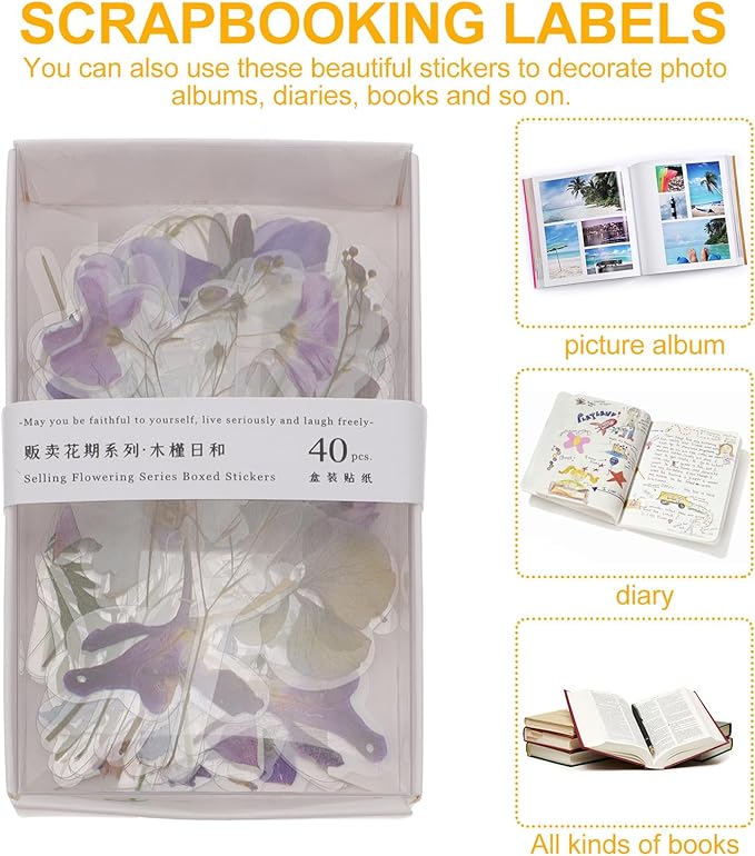 SEWCHICS 4Pcs DIY Scrapbooking Stickers Set Floral Stationery Stickers for Journal and Diary Decorations, Creative Album Decors for Crafting and Handmade Scrapbook Projects