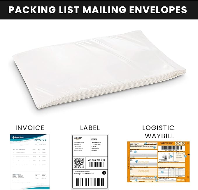 Shipping Label Sleeves 100Pcs, 7.5x5.5 Inches - Packing Slip Envelope Pouches with Self-Adhesive Peel & Seal - Clear Plastic & Waterproof Envelopes Ideal for Invoices & Packaging.
