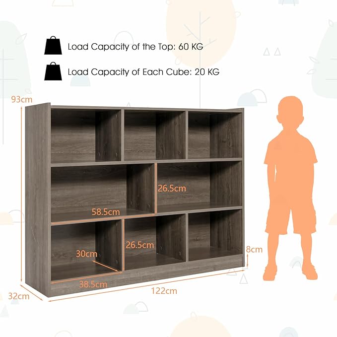 HONEY JOY Kids Storage Organizer, 8-Section Open Wooden Display Shelf for Classroom, Playroom, Nursery, Kindergarten, Dark Gray