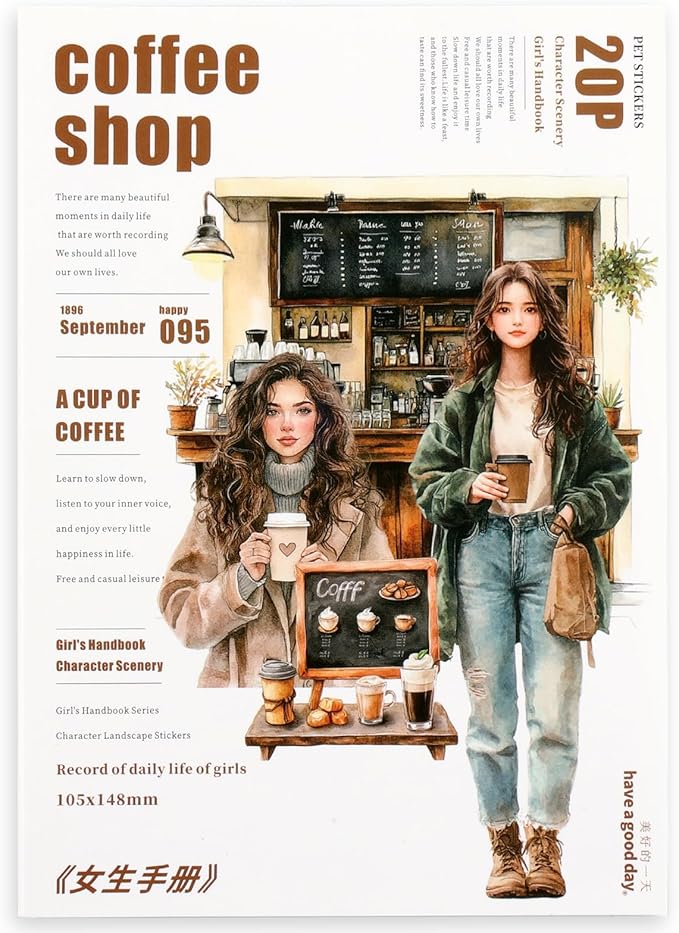 Auguro Scrapbooking Sticker 20 Sheets 120 Pre-Cut PET Coffee Shop Girls People Stickers Books for journaling Scrapbook Supplies Coffee Sticker Book for Scrapbooking