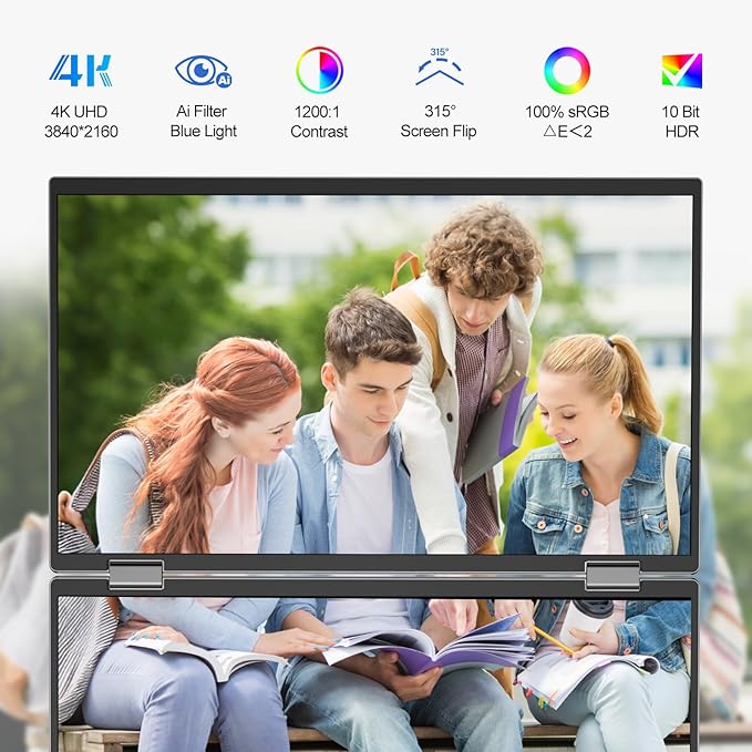 InnoView 15.6" 4K Dual Portable Monitor 3840x2160P 100% sRGB | Owl Eye Vision - Foldable Design with 315° Screen Adjustment, 180° Stand | DP/USB-C/HDMI, Dual Screen Extender for Laptop, Mac, Windows