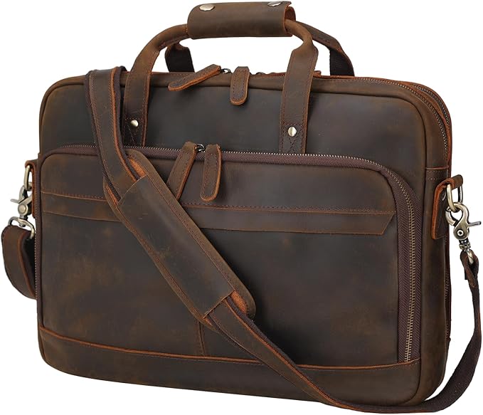 Masa Kawa Leather Briefcase for Men 17/15.6" Laptop Crossbody Shoulder Messenger Bag Business Travel Work Attache Case