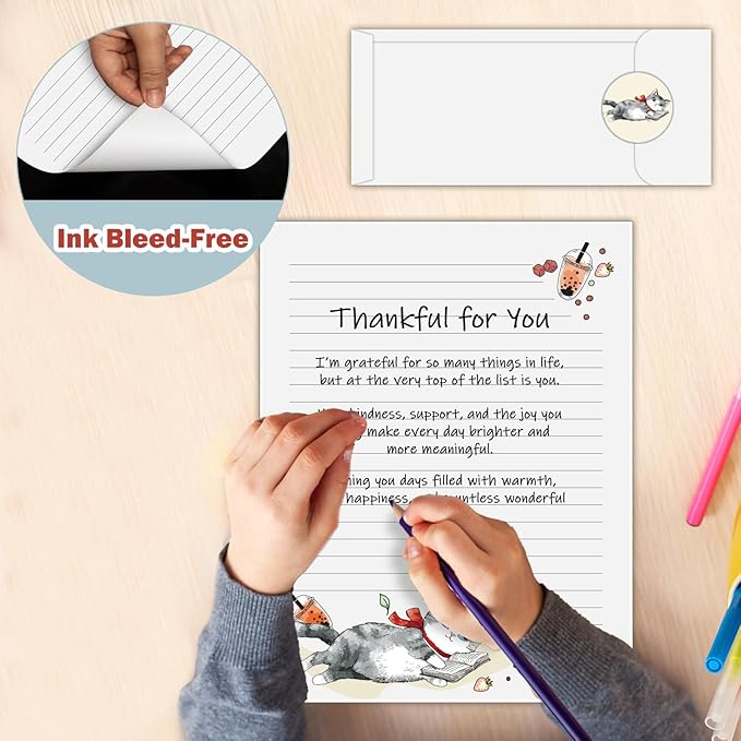 EggSun 250Pcs Cute Stationery Paper and Envelope Set with 100 Letterhead Papers and 50 Envelopes, 10 Design for Letter Writing Invitations Computer Holidays Party Notes, 8.5x11 Inch- Lined Cat