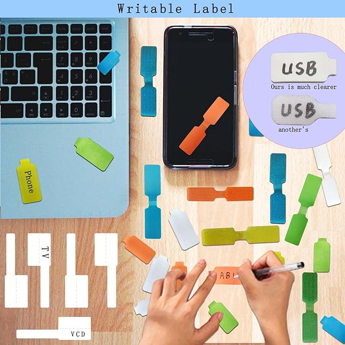 50-Pcs Cable Labels & Cord Tags - 20 Reusable Large Wire Tag + 30 Tear-Resistant White Cords Label,Write-On Water-Resistant Multicolor Wire Marker for Identifying Electrical and Charging Cords